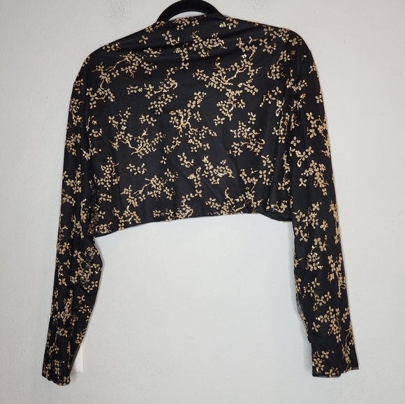 Alyssa Metallic Gold Black Mesh Shrug Jacket Open Front Crop Long Sleeve XXL - Picture 10 of 15